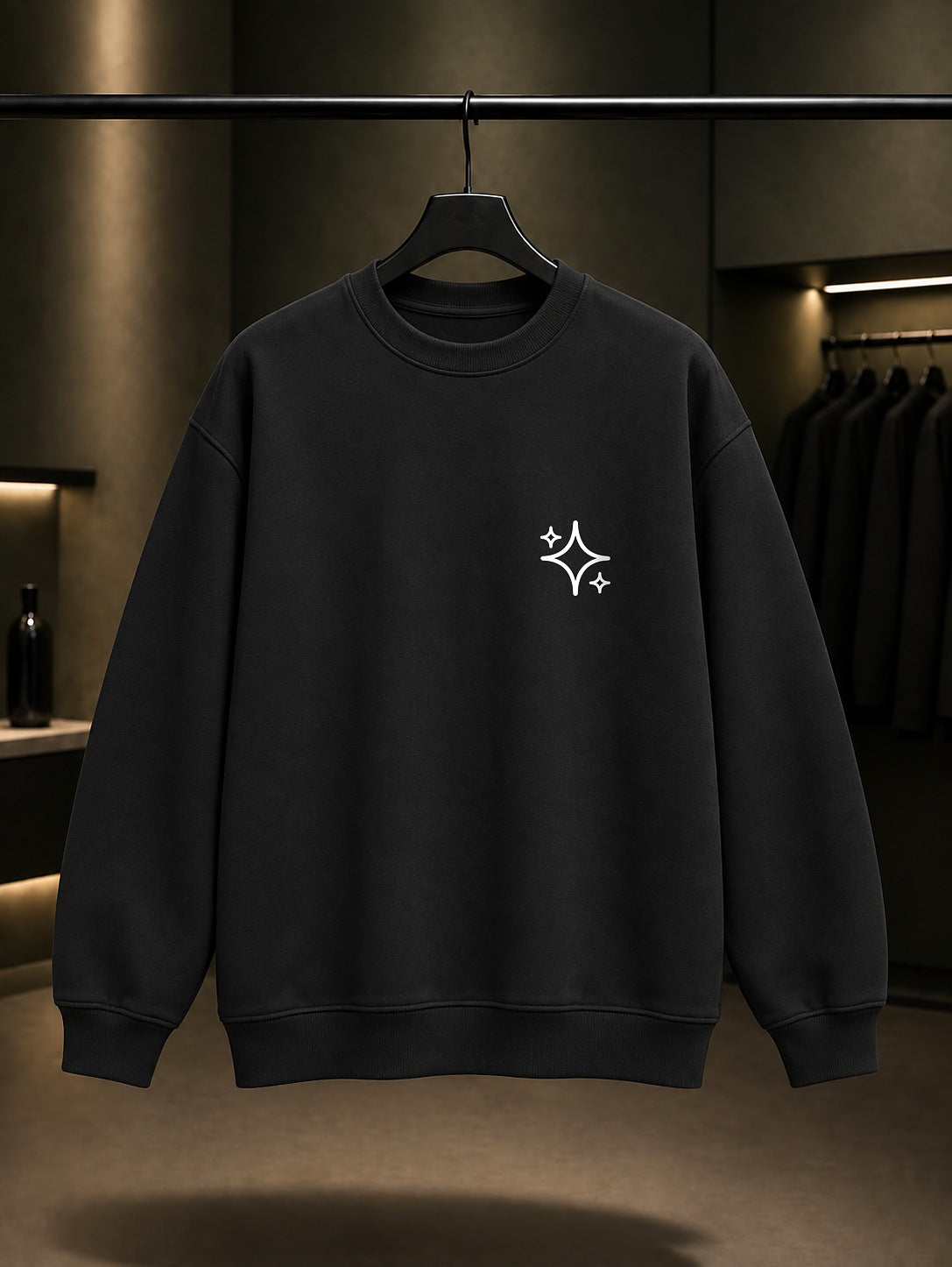 Yıldız Minimal Baskılı Unisex %100 Pamuk Sweatshirt — Siyah