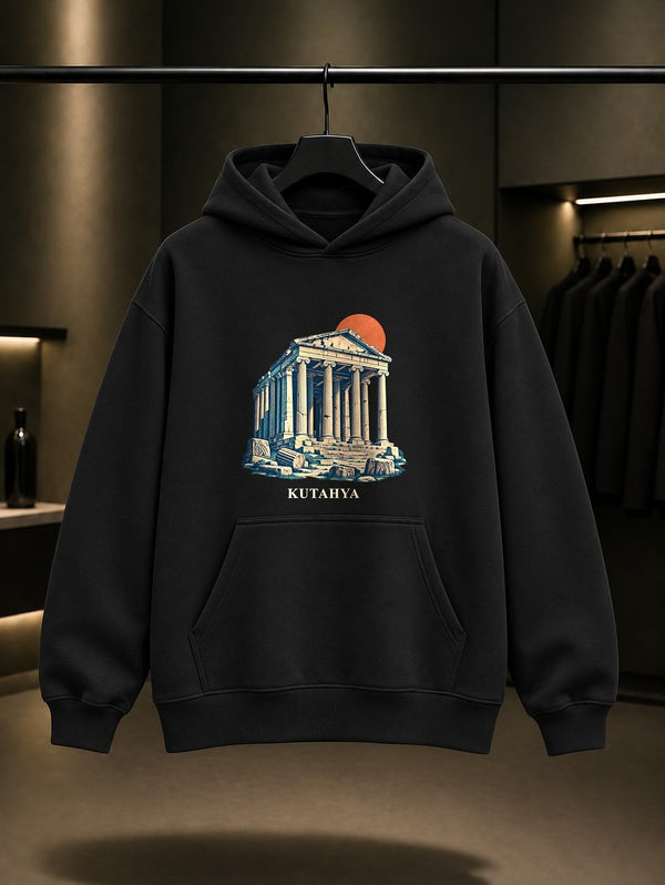 Kütahya Aizanoi Zeus Tapınağı baskılı siyah kapüşonlu sweatshirt