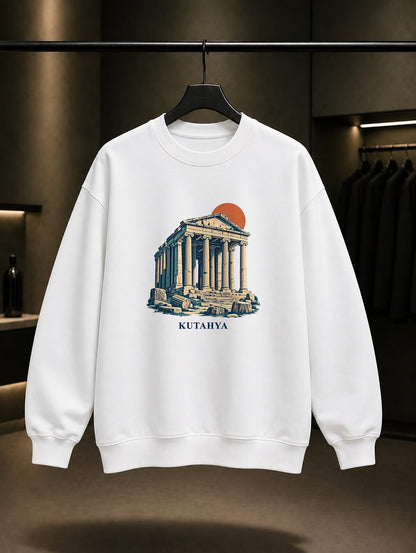 Kütahya Aizanoi Zeus Tapınağı baskılı beyaz sweatshirt