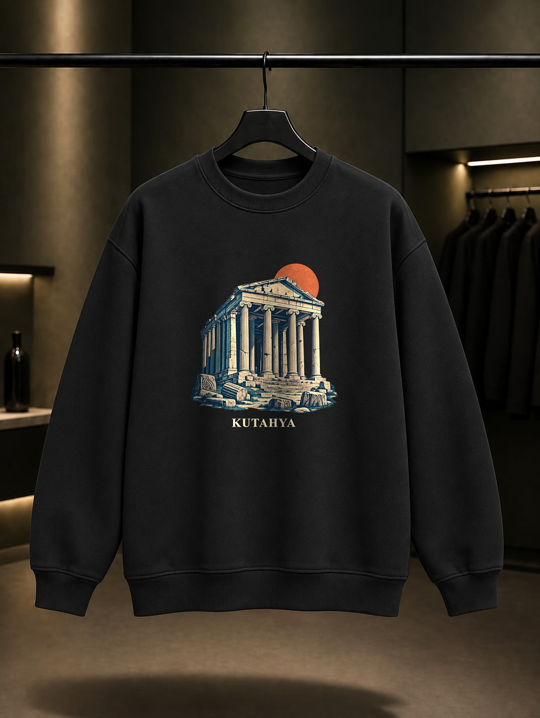 Kütahya Aizanoi Zeus Tapınağı baskılı siyah sweatshirt
