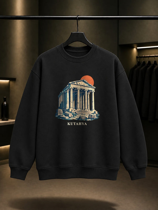Kütahya Aizanoi Zeus Tapınağı baskılı siyah sweatshirt