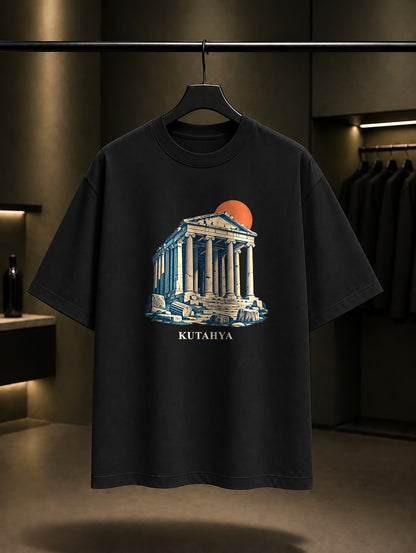 Kütahya Aizanoi Zeus Tapınağı baskılı siyah t-shirt