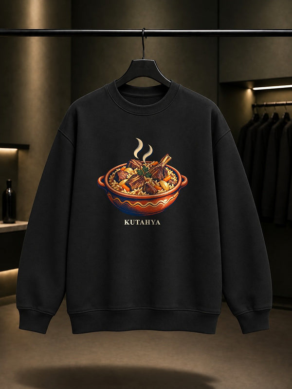 Kütahya Güveçli Pilav baskılı siyah sweatshirt