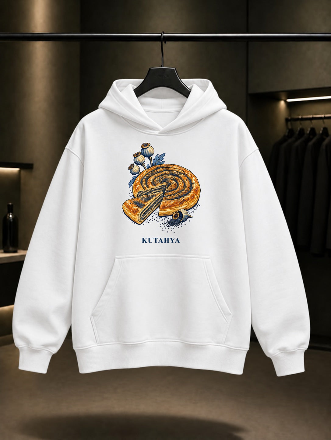 Kütahya Haşhaşlı Pide baskılı beyaz kapüşonlu sweatshirt