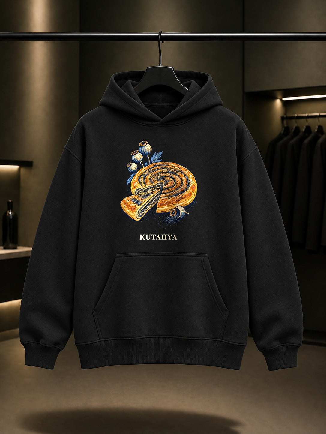 Kütahya Haşhaşlı Pide baskılı siyah kapüşonlu sweatshirt