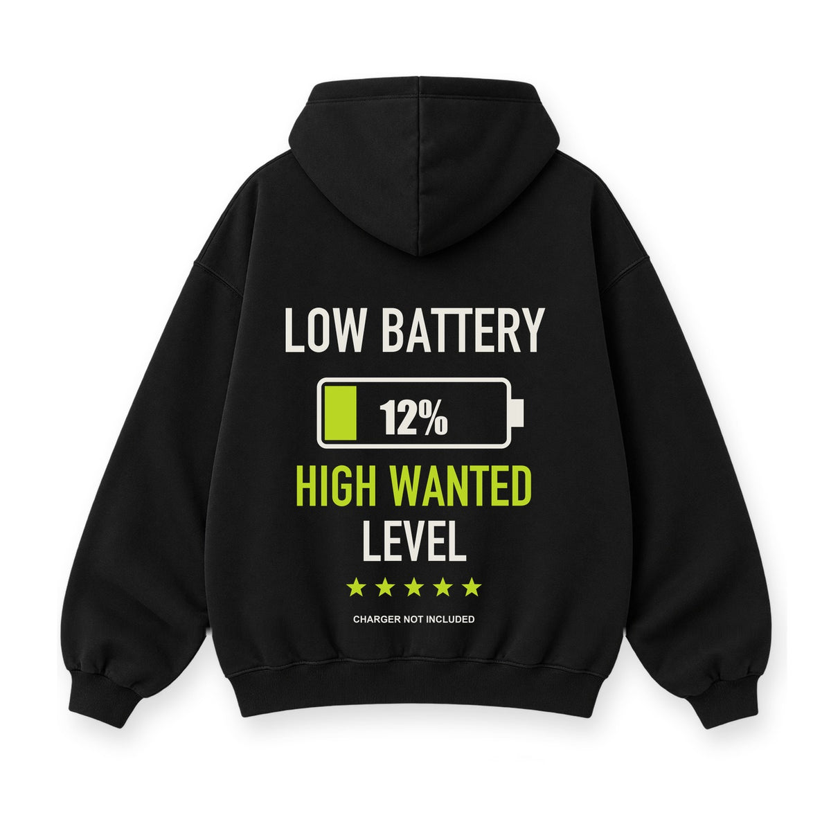 Low Battery High Wanted baskılı siyah kapüşonlu sweatshirt