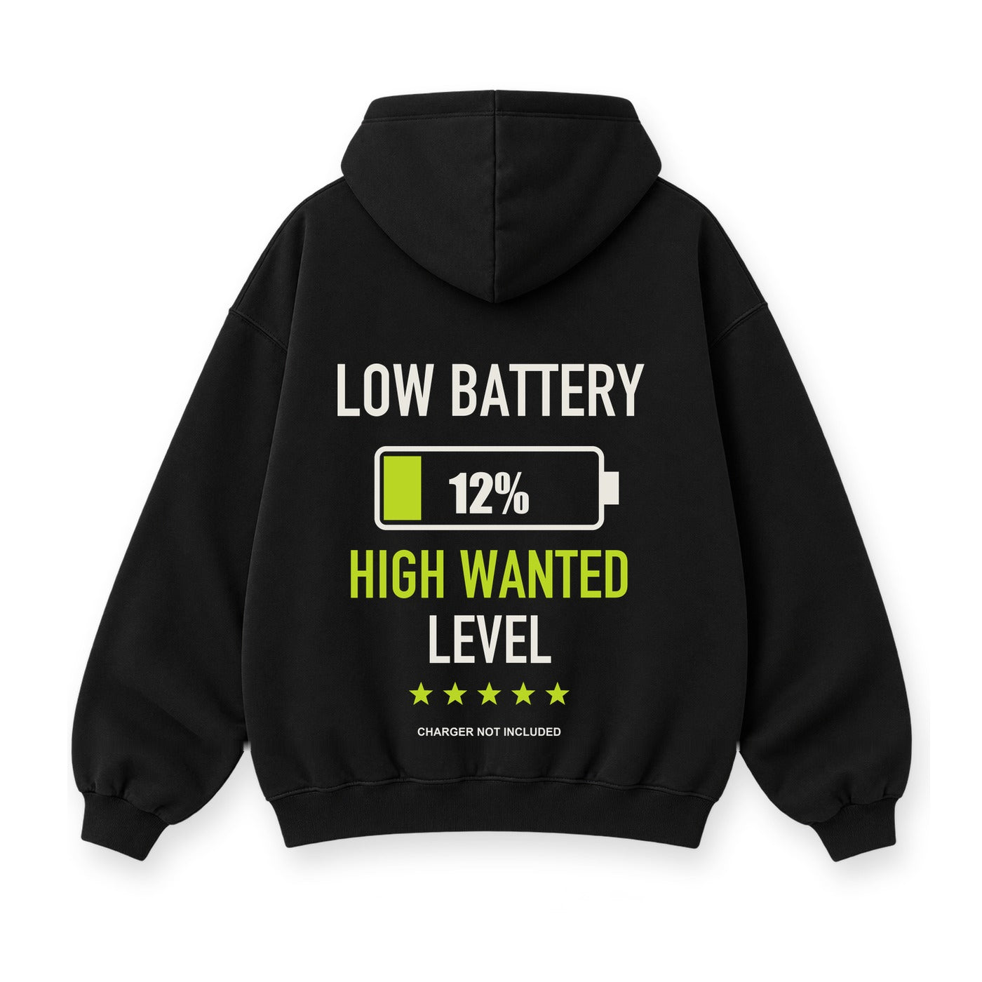 Low Battery High Wanted baskılı siyah kapüşonlu sweatshirt