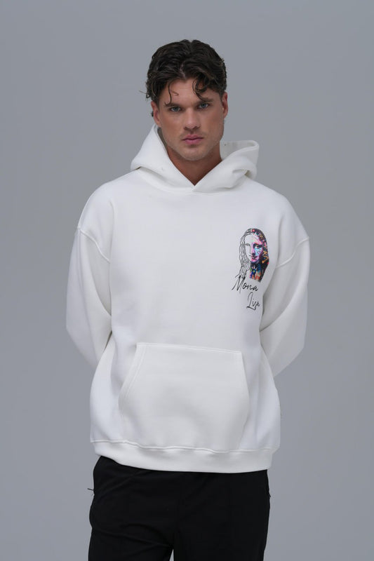 Mona Lisa Sol Logo, Sırt Desen Baskı & Nakış Detaylı %100 Pamuk Unisex Beyaz Kapüşonlu Sweatshirt