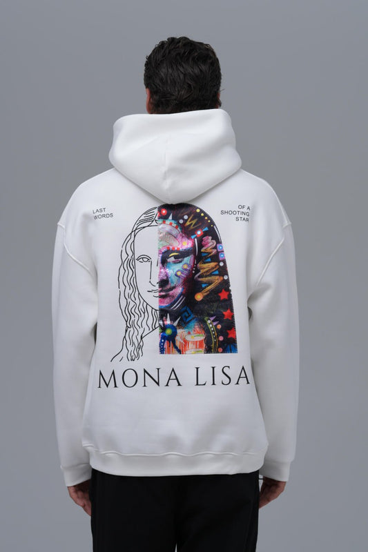 Mona Lisa Sol Logo, Sırt Desen Baskı & Nakış Detaylı %100 Pamuk Unisex Beyaz Kapüşonlu Sweatshirt