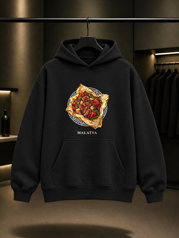 Malatya Kağıt Kebabı baskılı siyah kapüşonlu sweatshirt