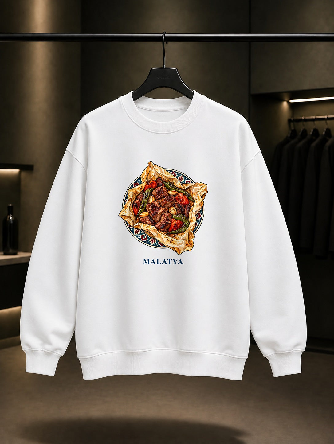 Malatya Kağıt Kebabı baskılı beyaz sweatshirt