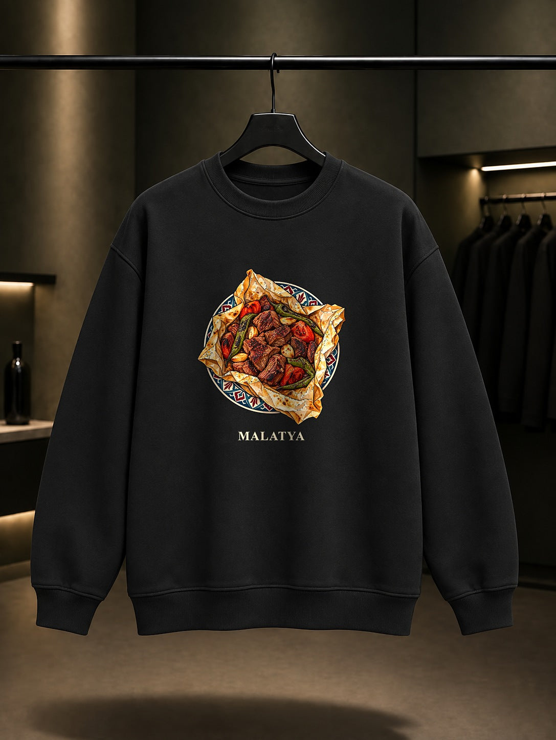 Malatya Kağıt Kebabı baskılı siyah sweatshirt
