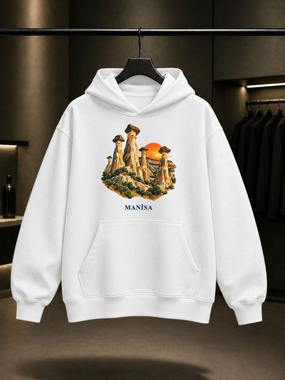 Manisa Kula Peribacaları baskılı beyaz kapüşonlu sweatshirt