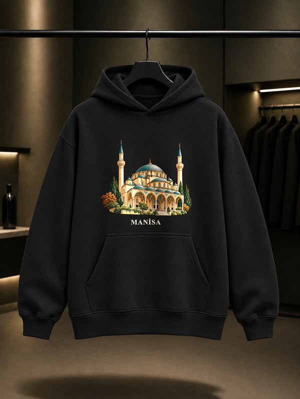 Manisa Sultan Camii baskılı siyah kapüşonlu sweatshirt