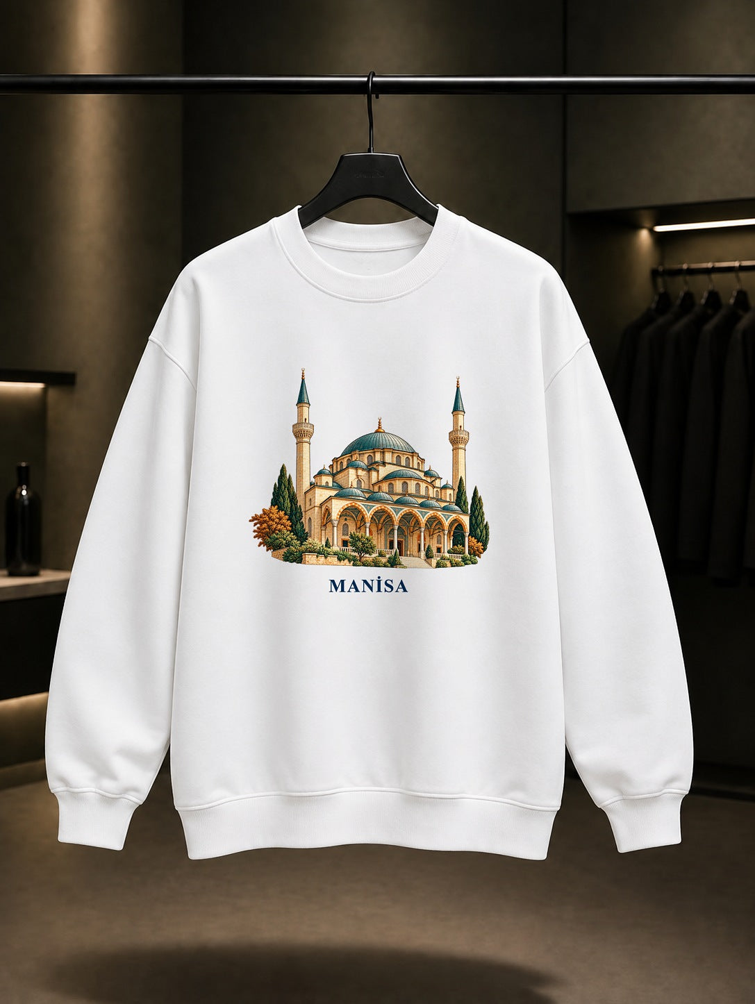 Manisa Sultan Camii baskılı beyaz sweatshirt