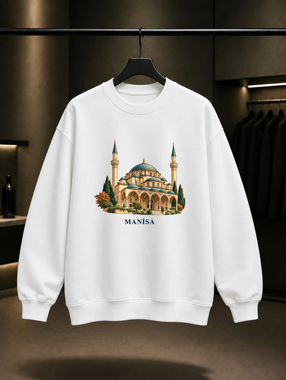 Manisa Sultan Camii baskılı beyaz sweatshirt
