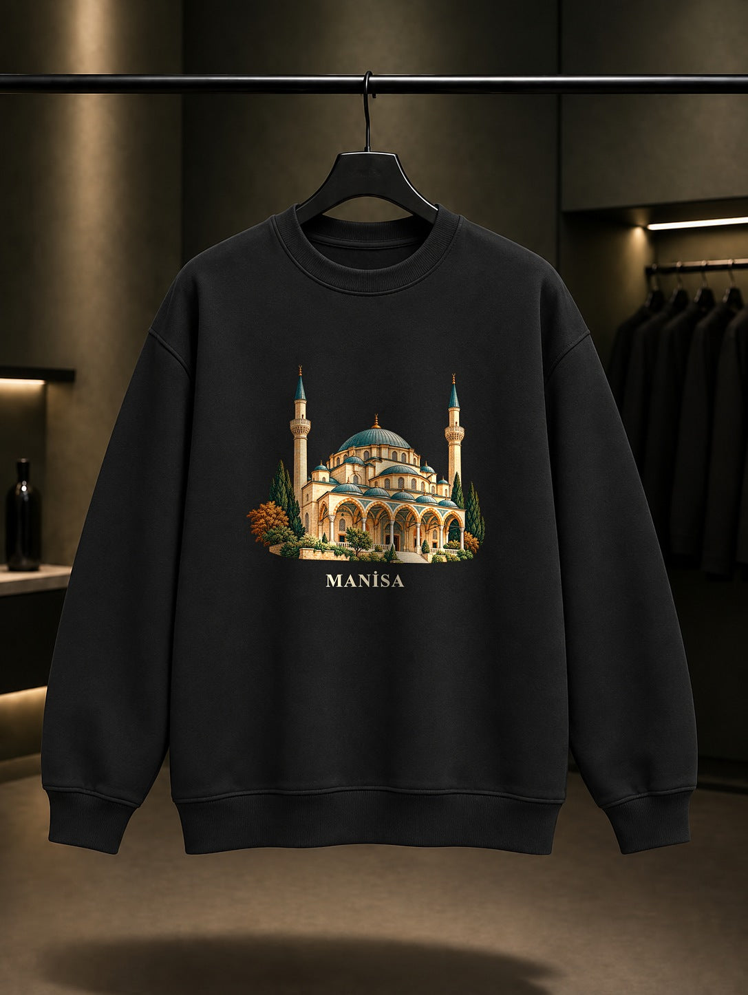 Manisa Sultan Camii baskılı siyah sweatshirt