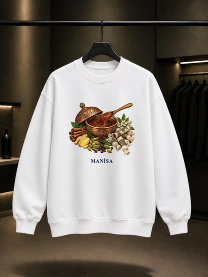 Manisa Mesir Macunu baskılı beyaz sweatshirt