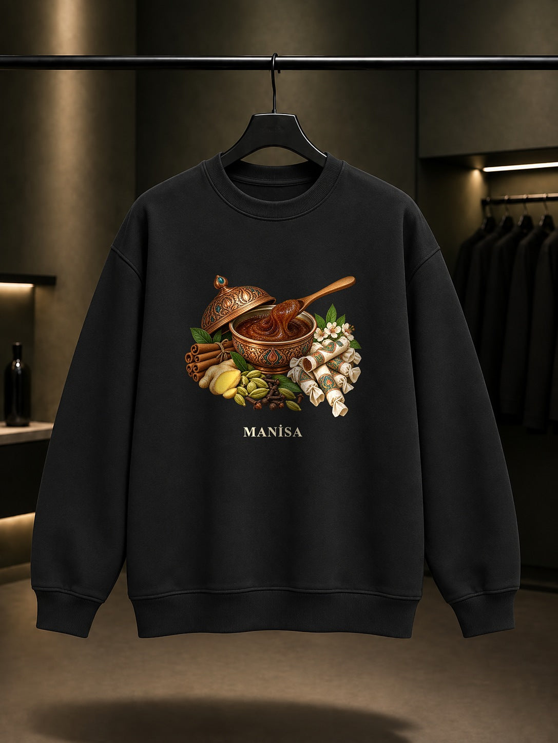 Manisa Mesir Macunu baskılı siyah sweatshirt