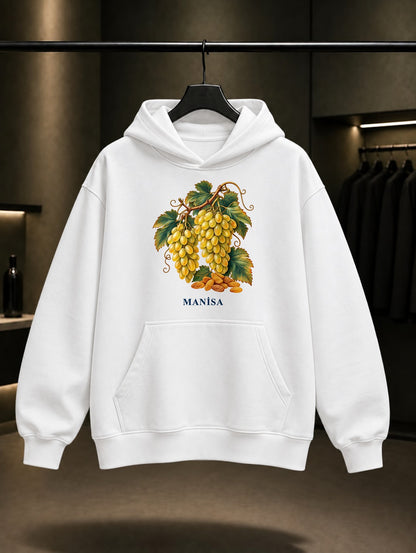 Manisa Sultaniye Üzümü baskılı beyaz kapüşonlu sweatshirt