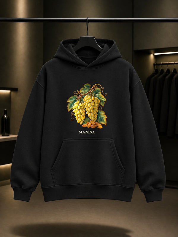 Manisa Sultaniye Üzümü baskılı siyah kapüşonlu sweatshirt
