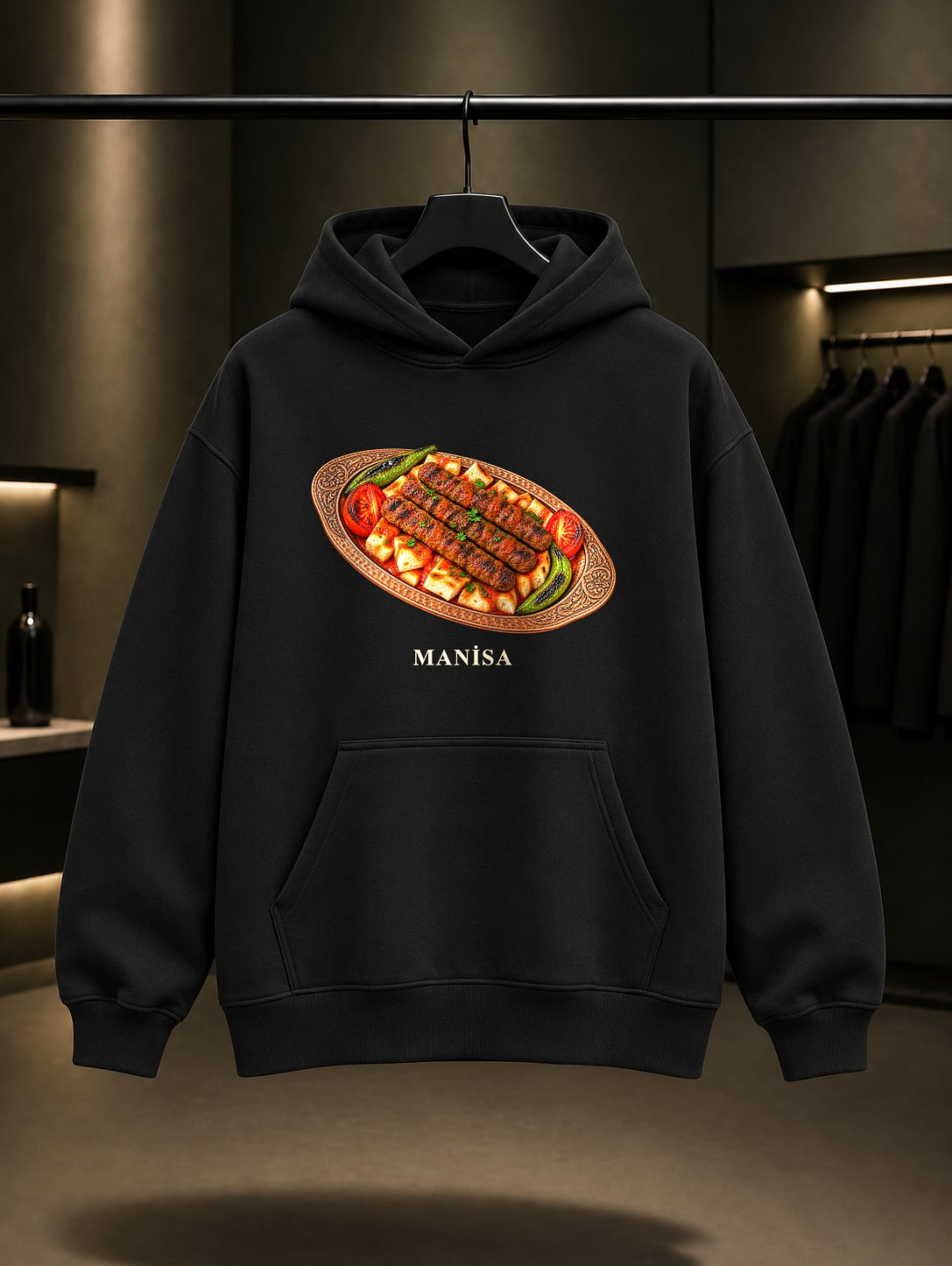 Manisa Kebabı baskılı siyah kapüşonlu sweatshirt