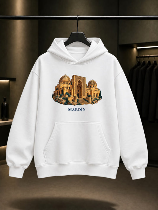 Mardin Zinciriye Medresesi baskılı beyaz kapüşonlu sweatshirt