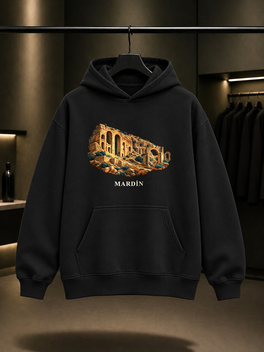 Mardin Dara Antik Kenti baskılı siyah kapüşonlu sweatshirt