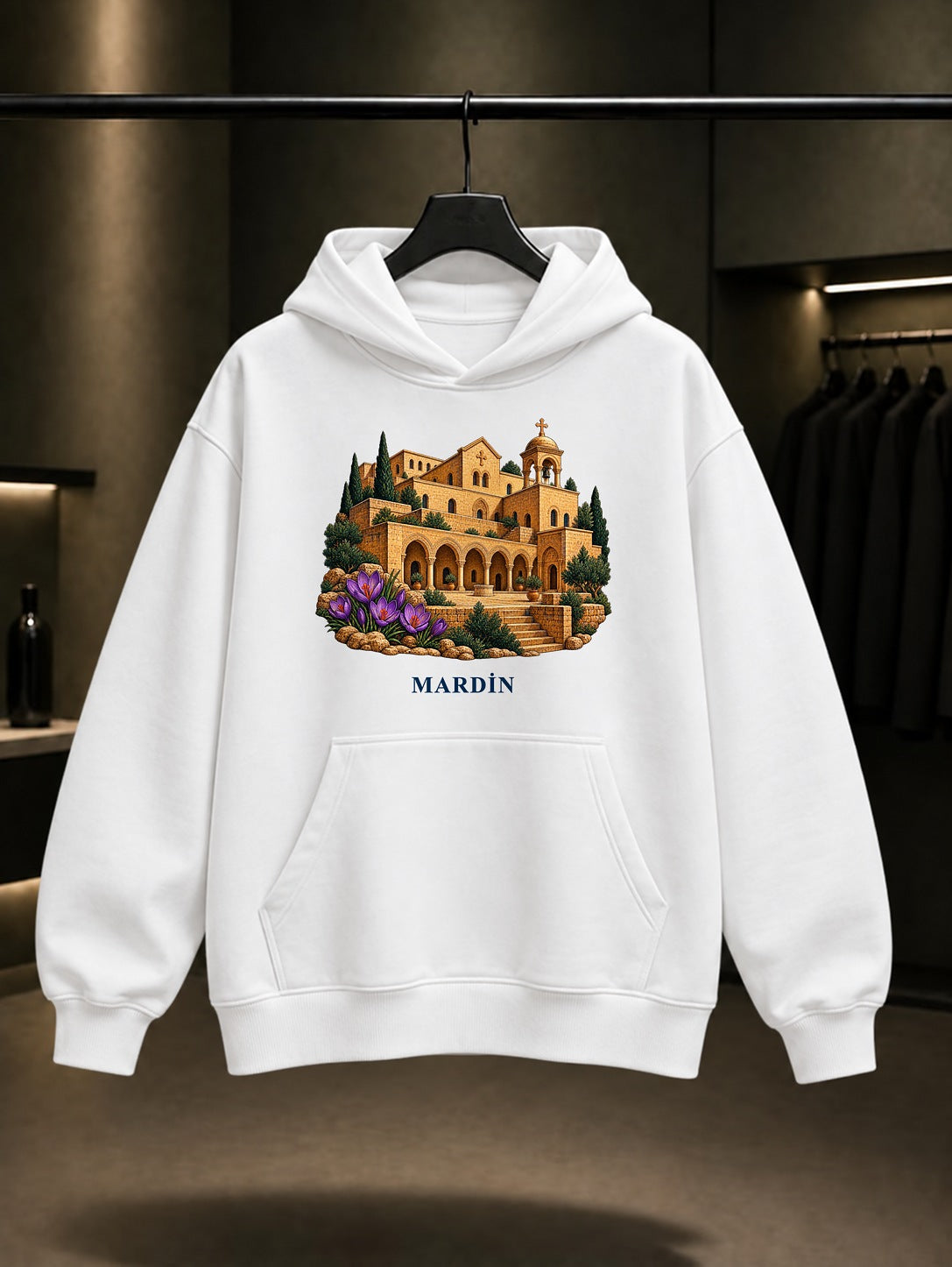 Mardin Deyrulzafaran baskılı beyaz kapüşonlu sweatshirt