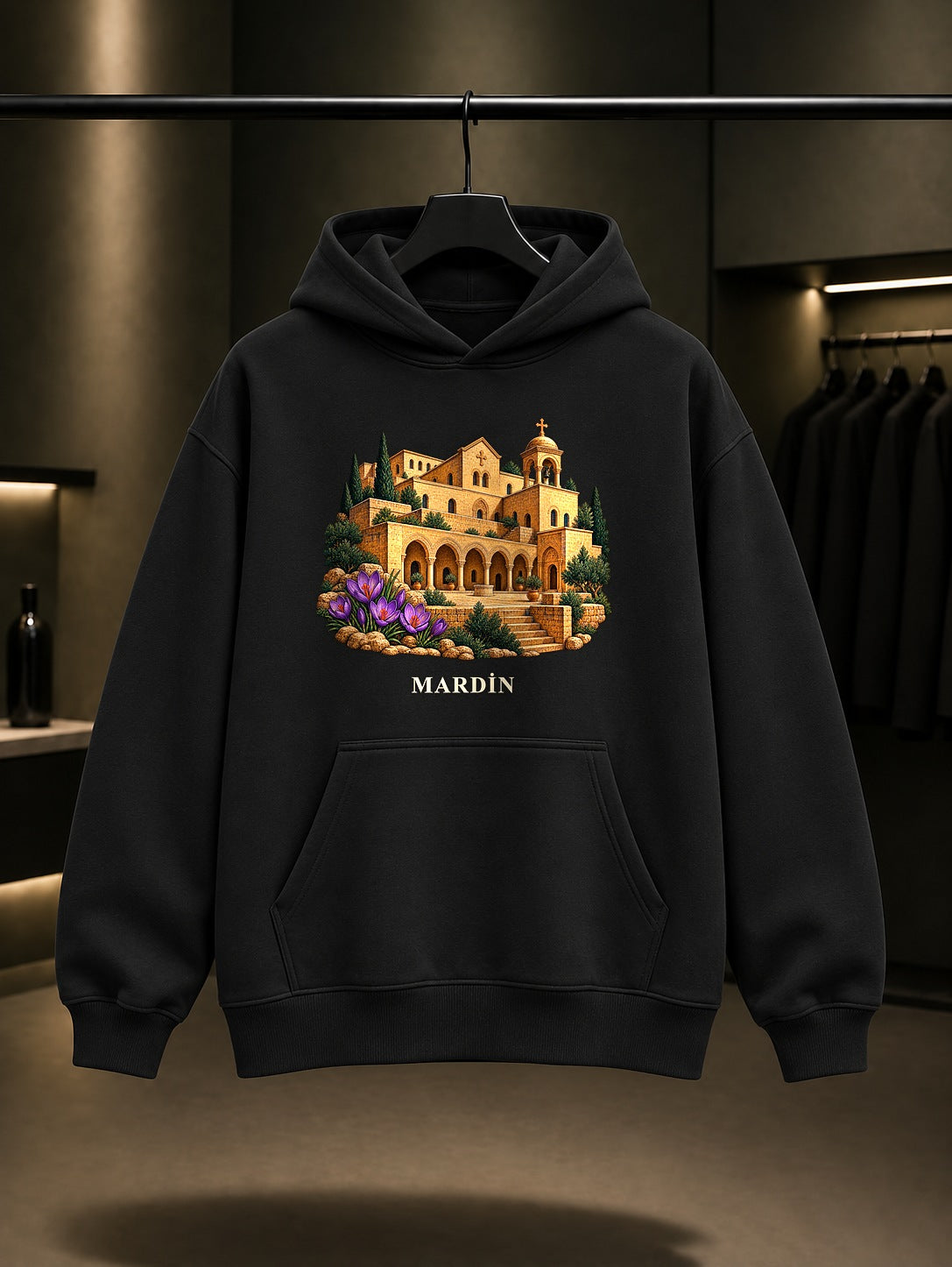 Mardin Deyrulzafaran baskılı siyah kapüşonlu sweatshirt
