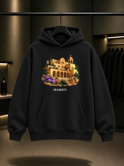 Mardin Deyrulzafaran baskılı siyah kapüşonlu sweatshirt