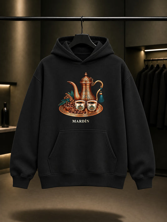 Mardin Mırra Kahvesi baskılı siyah kapüşonlu sweatshirt