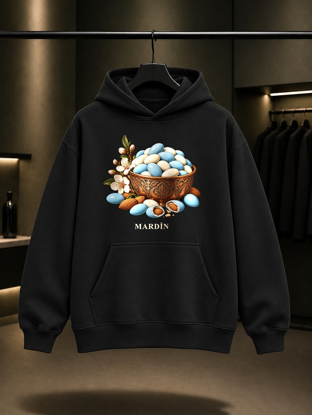 Mardin Badem Şekeri baskılı siyah kapüşonlu sweatshirt