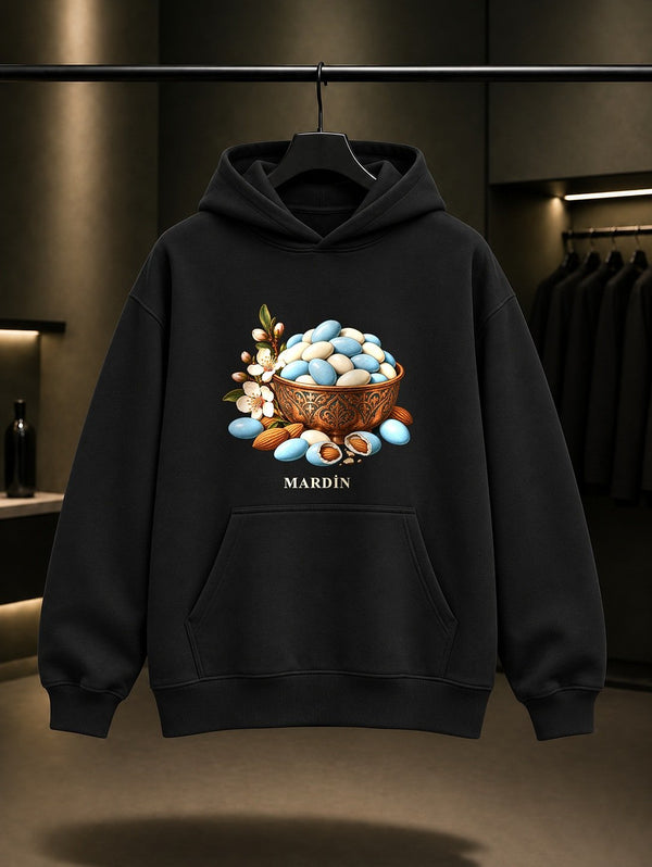 Mardin Badem Şekeri baskılı siyah kapüşonlu sweatshirt