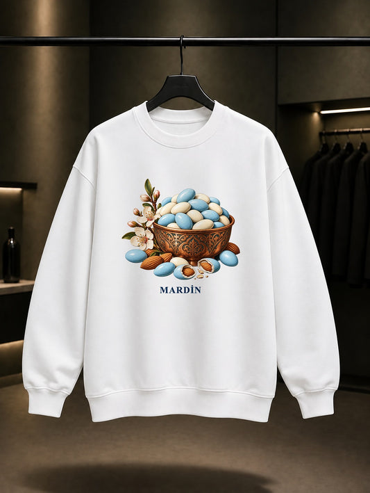 Mardin Badem Şekeri baskılı beyaz sweatshirt