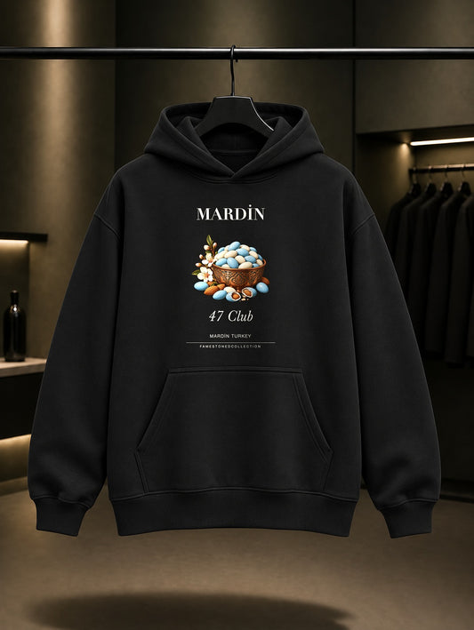 Mardin Badem Şekeri 47 Club baskılı siyah kapüşonlu sweatshirt