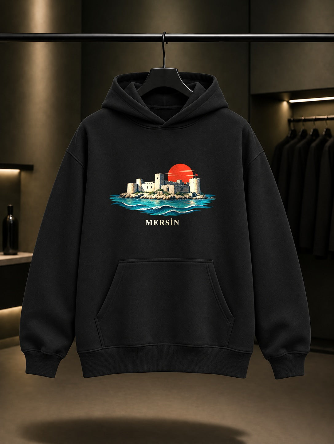 Mersin Kızkalesi baskılı siyah kapüşonlu sweatshirt