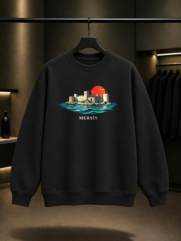 Mersin Kızkalesi baskılı siyah sweatshirt