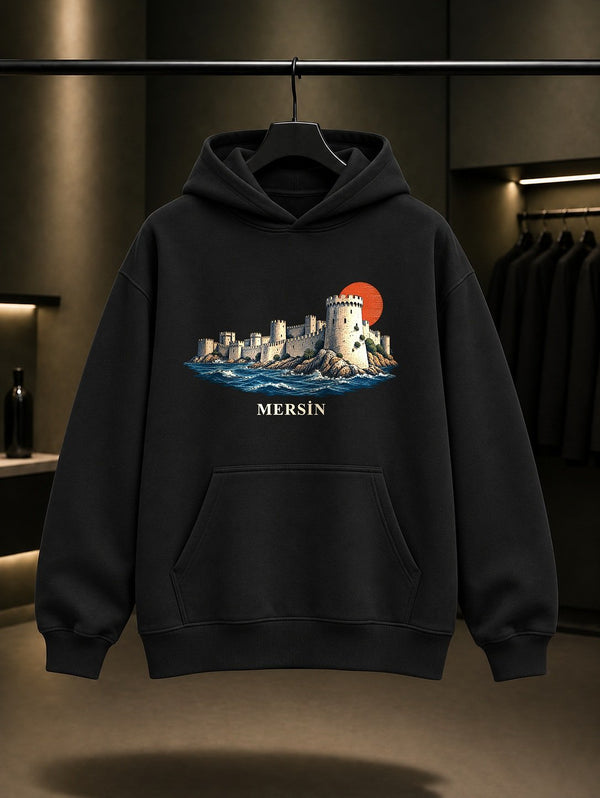 Mersin Mamure Kalesi baskılı siyah kapüşonlu sweatshirt