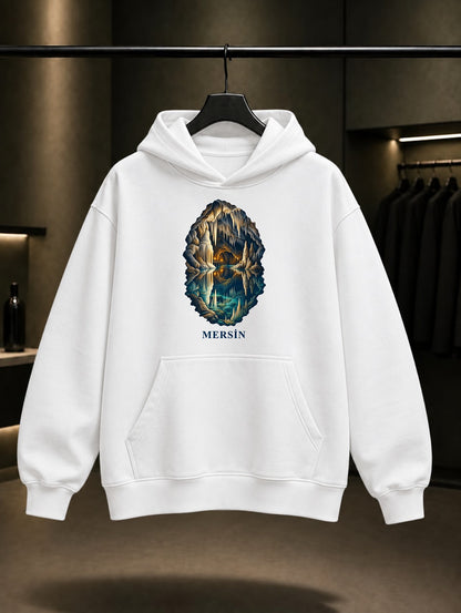 Mersin Gilindire Mağarası baskılı beyaz kapüşonlu sweatshirt