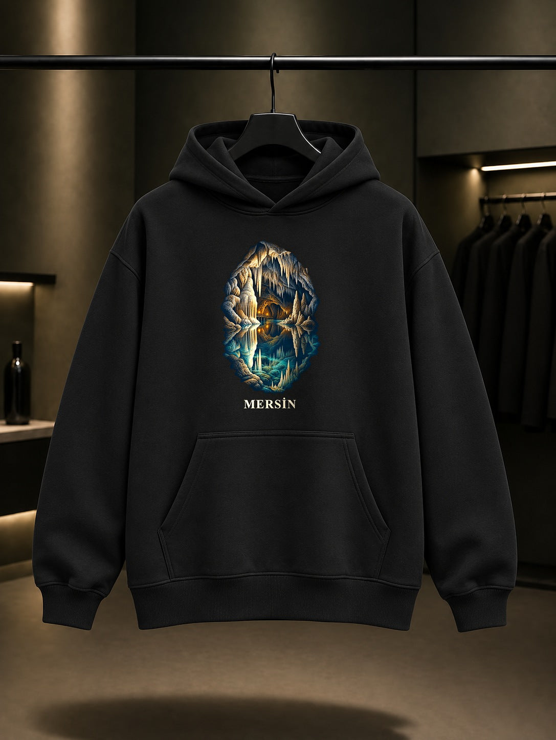 Mersin Gilindire Mağarası baskılı siyah kapüşonlu sweatshirt