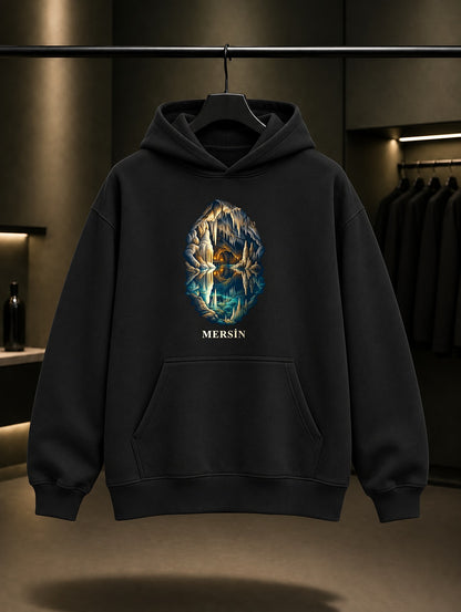 Mersin Gilindire Mağarası baskılı siyah kapüşonlu sweatshirt