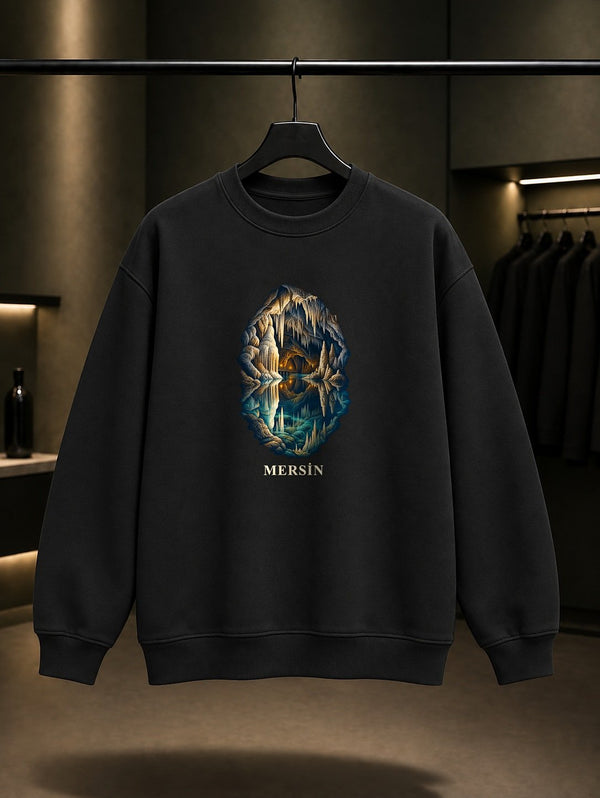 Mersin Gilindire Mağarası baskılı siyah sweatshirt