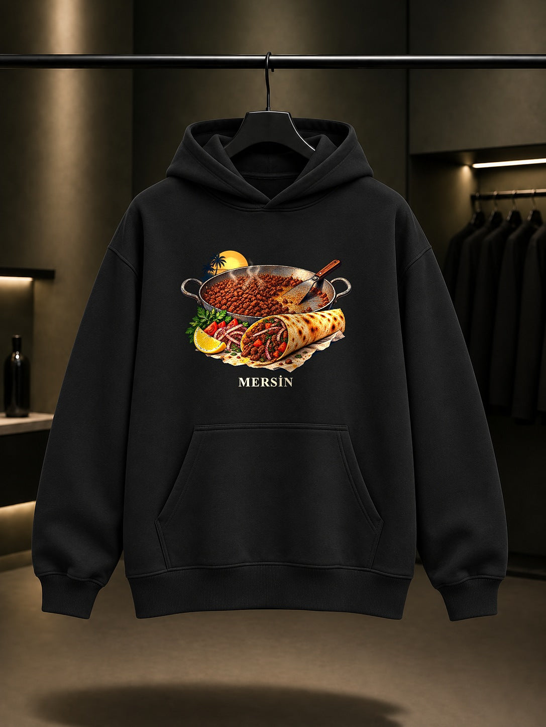 Mersin Tantuni baskılı siyah kapüşonlu sweatshirt