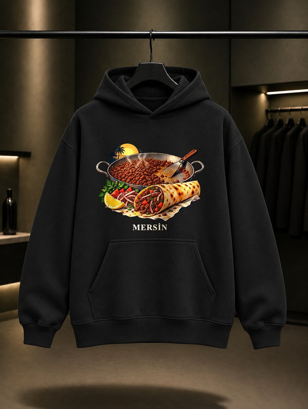 Mersin Tantuni baskılı siyah kapüşonlu sweatshirt