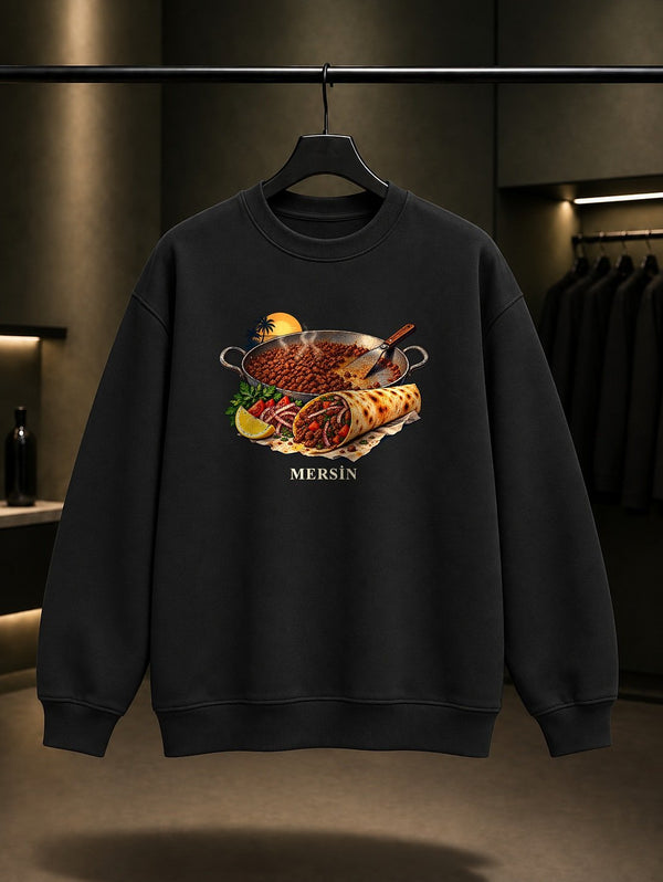 Mersin Tantuni baskılı siyah sweatshirt