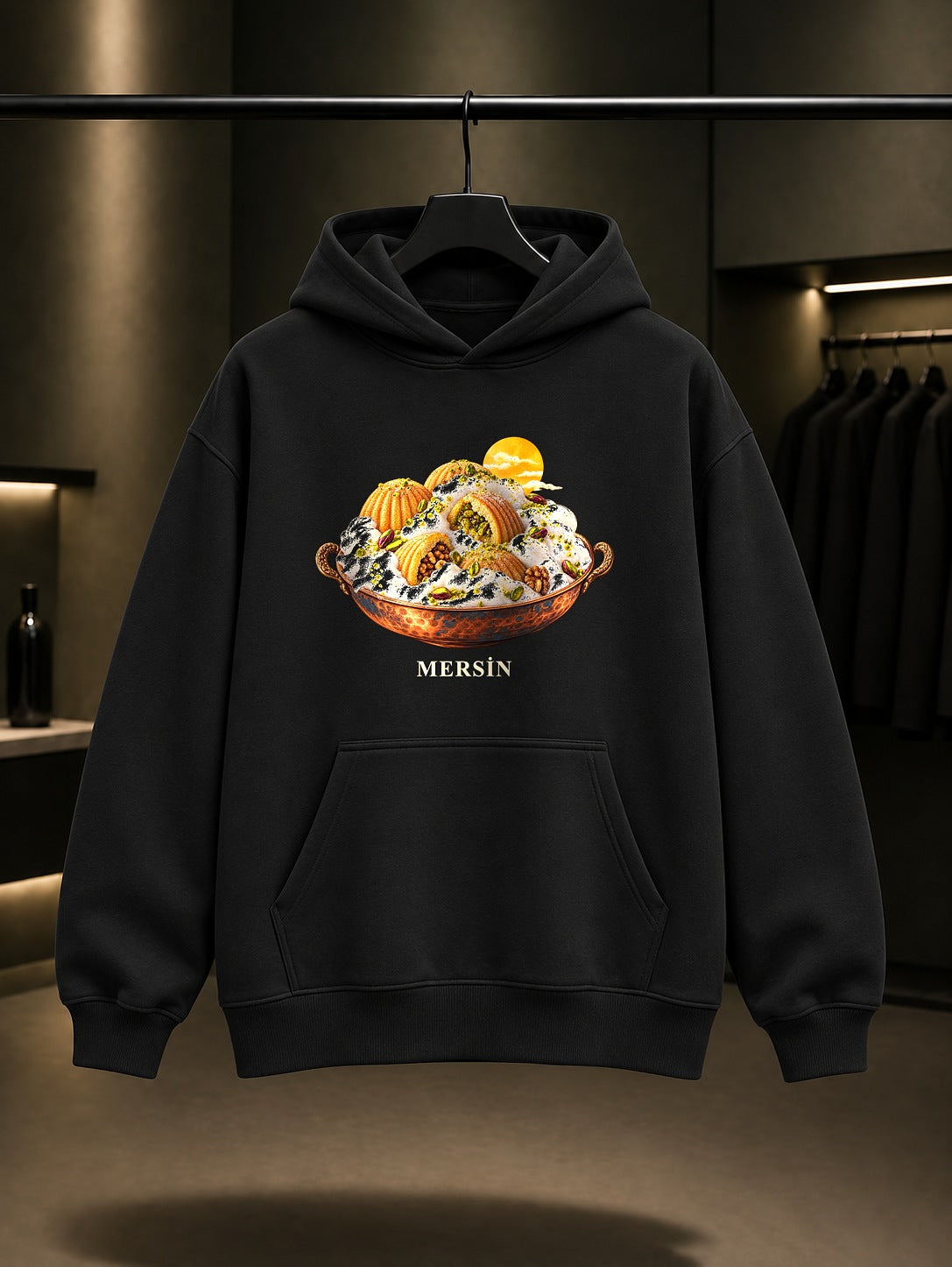 Mersin Kerebiç baskılı siyah kapüşonlu sweatshirt