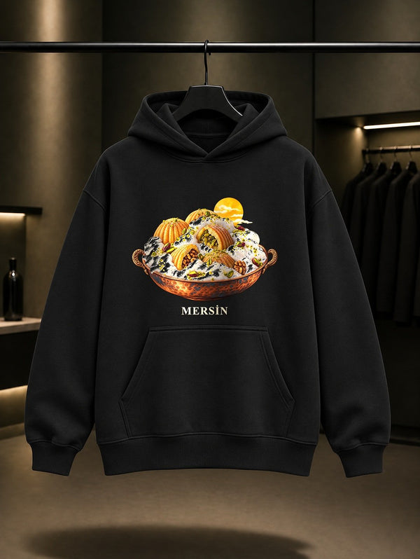 Mersin Kerebiç baskılı siyah kapüşonlu sweatshirt