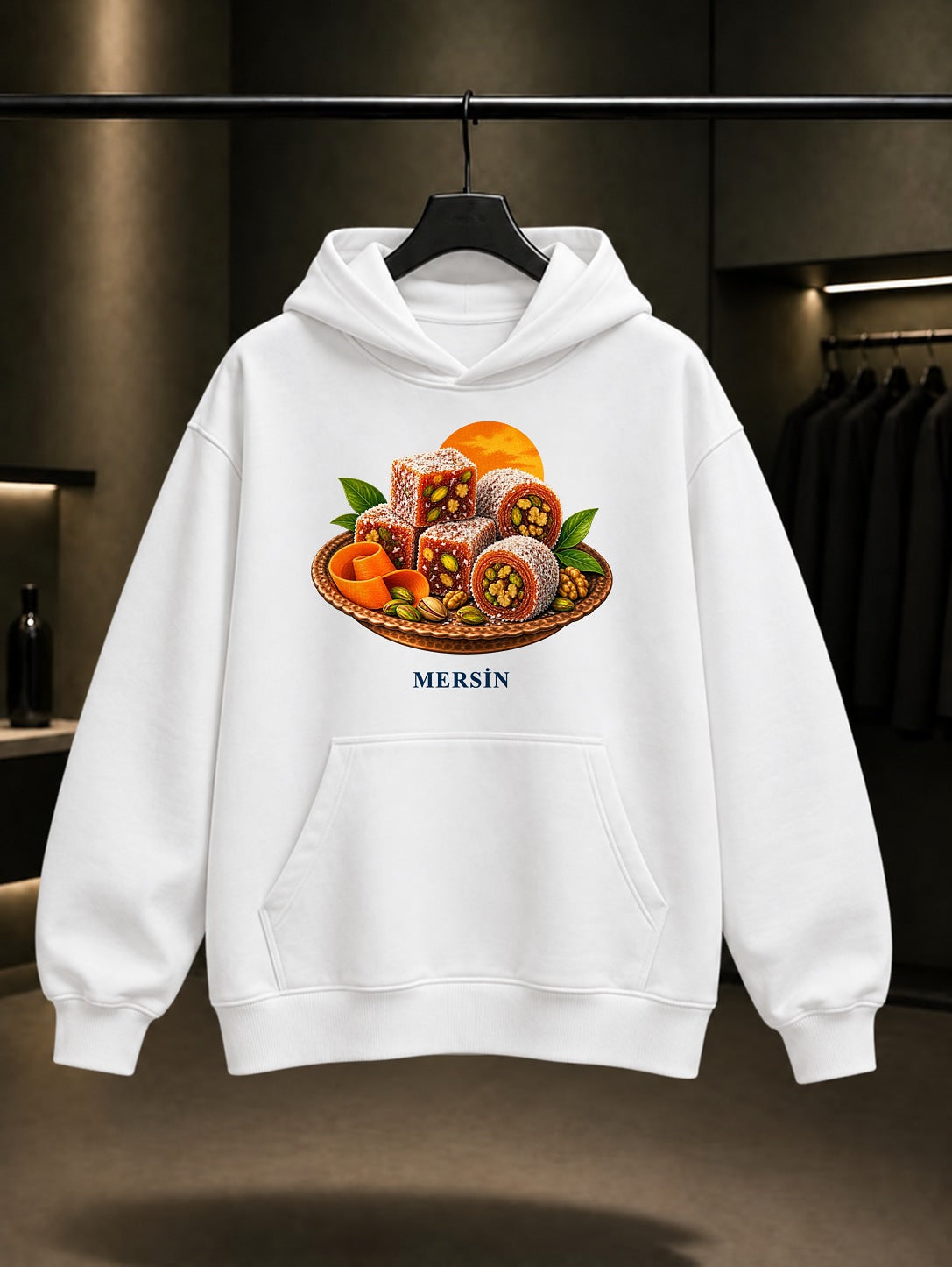 Mersin Cezerye baskılı beyaz kapüşonlu sweatshirt