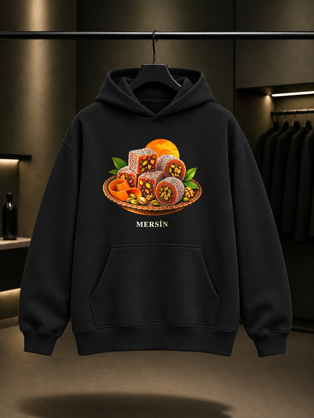 Mersin Cezerye baskılı siyah kapüşonlu sweatshirt
